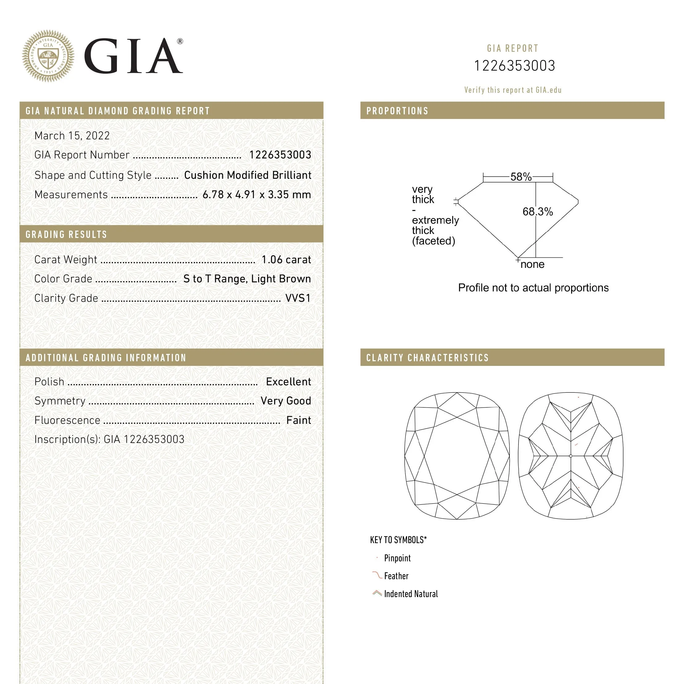 1.06ct 6.78x4.91x3.35mm GIA VVS1 S-T Cushion Brilliant 27060-01