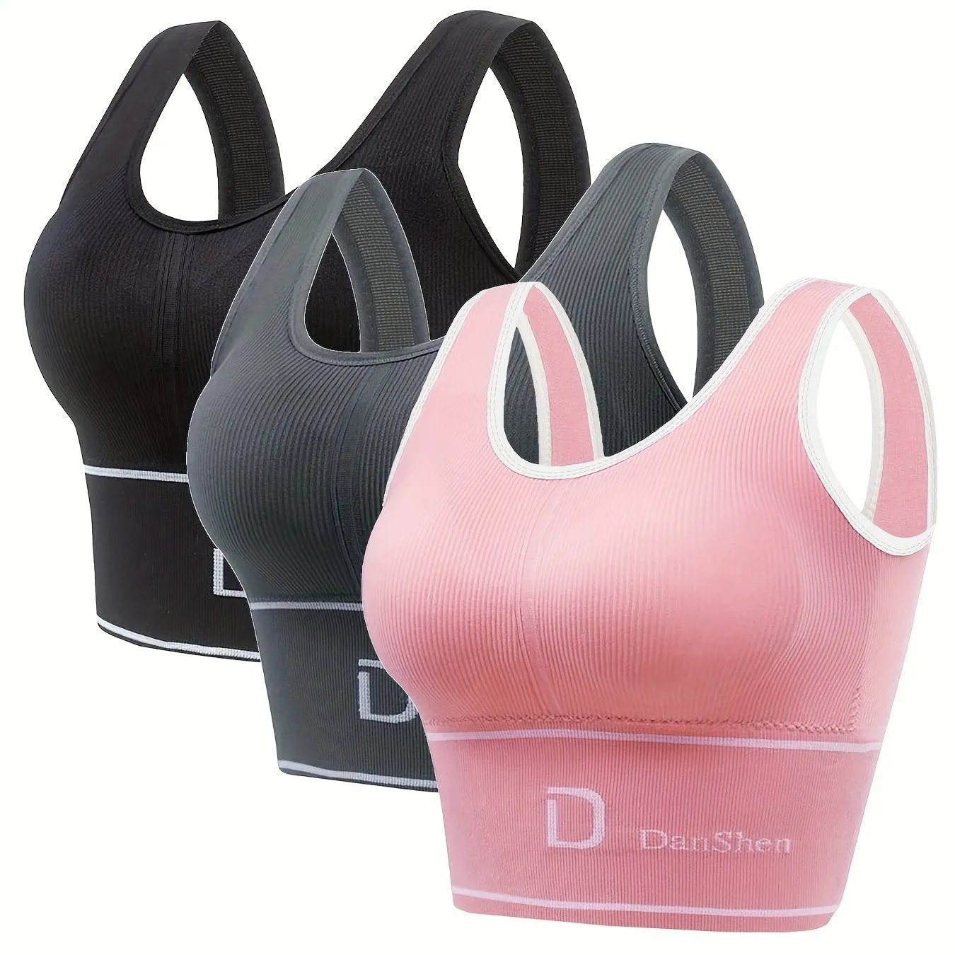 3Pack Plus Size Sports Bra Set, Women's Push Up Stretchy Wireless Full Coverage Contrast Trim Yoga Running Fitness Bra 3pcs Set
