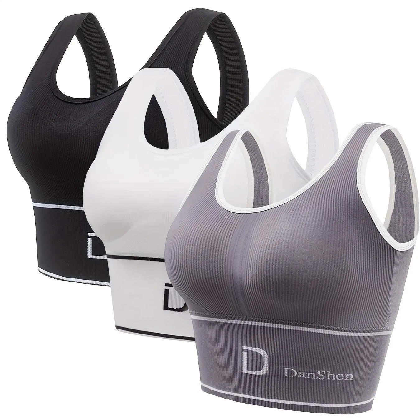 3Pack Plus Size Sports Bra Set, Women's Push Up Stretchy Wireless Full Coverage Contrast Trim Yoga Running Fitness Bra 3pcs Set