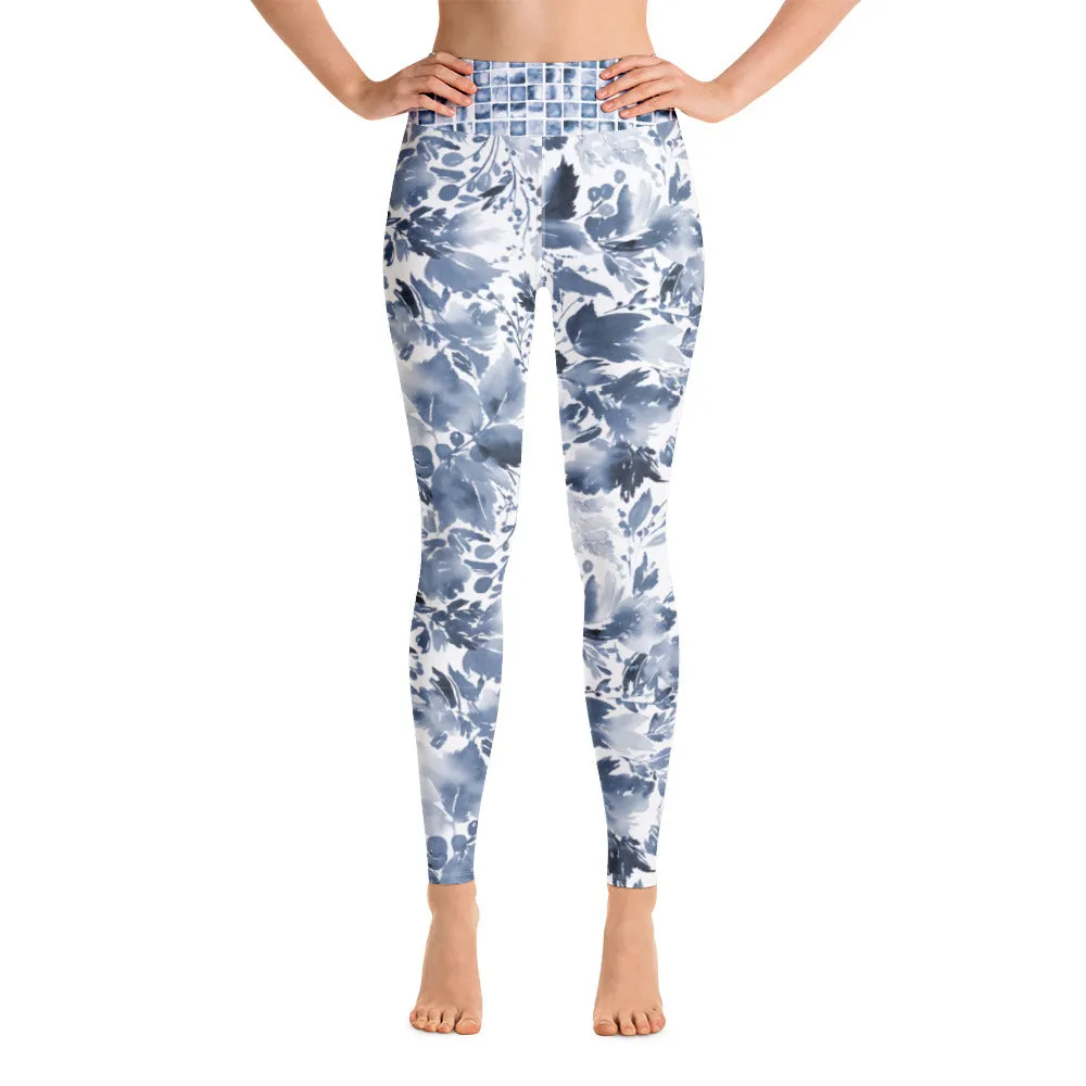 Blue Watercolor Floral - Yoga Leggings