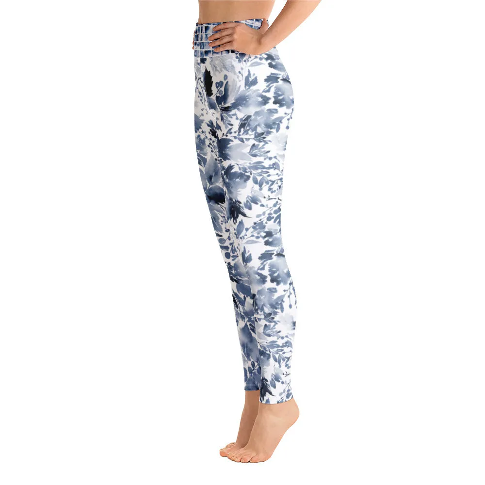 Blue Watercolor Floral - Yoga Leggings