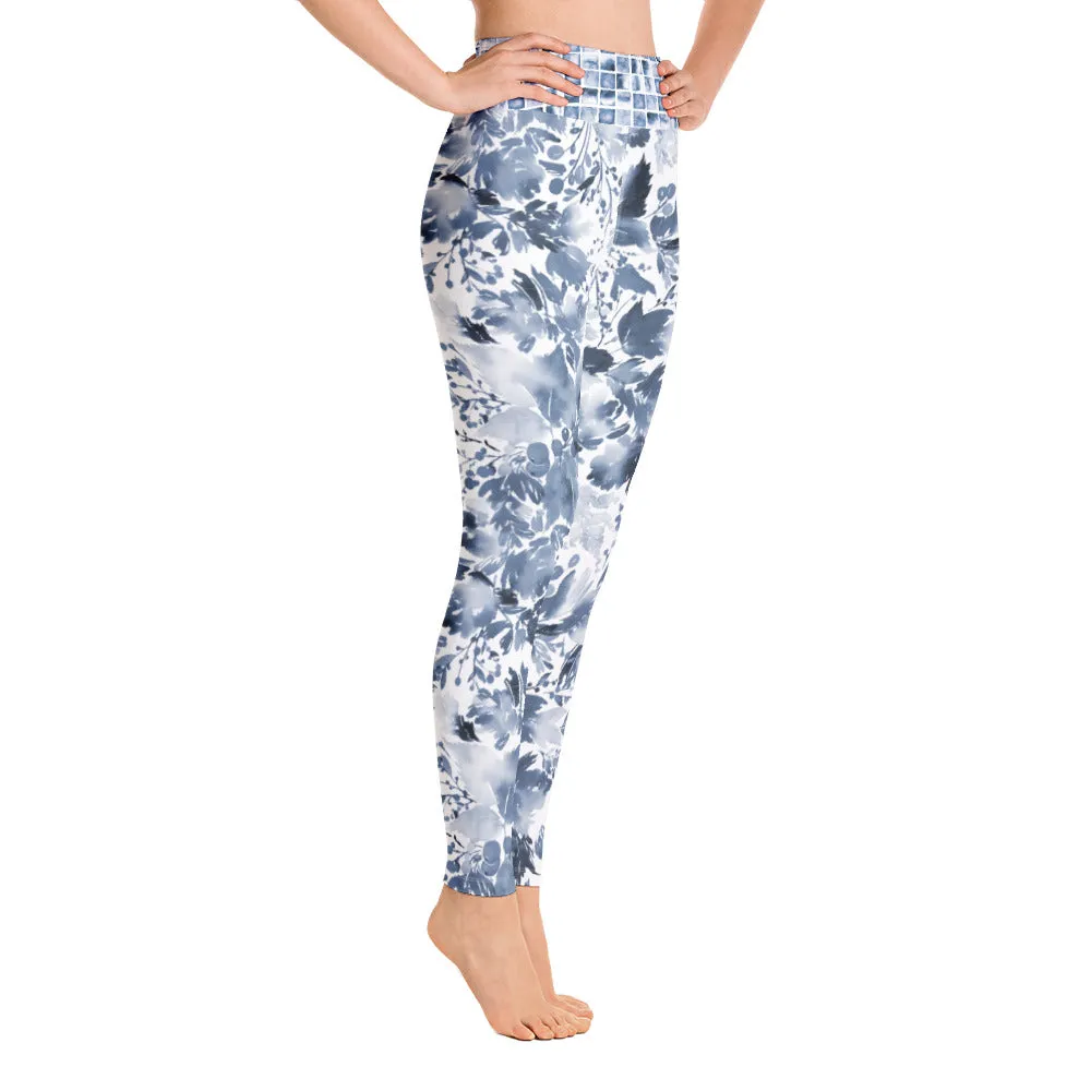 Blue Watercolor Floral - Yoga Leggings