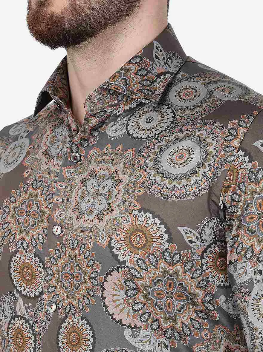 Brown Printed Slim Fit Party Wear Shirt | Wyre