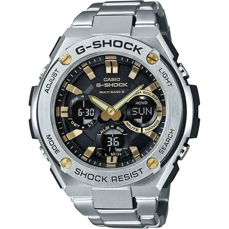 CASIO G-SHOCK G-STEEL RADIO SOLAR ANALOG DIGITAL DIAL SILVER & GOLD MEN WATCH GST-W110D-1A9JF