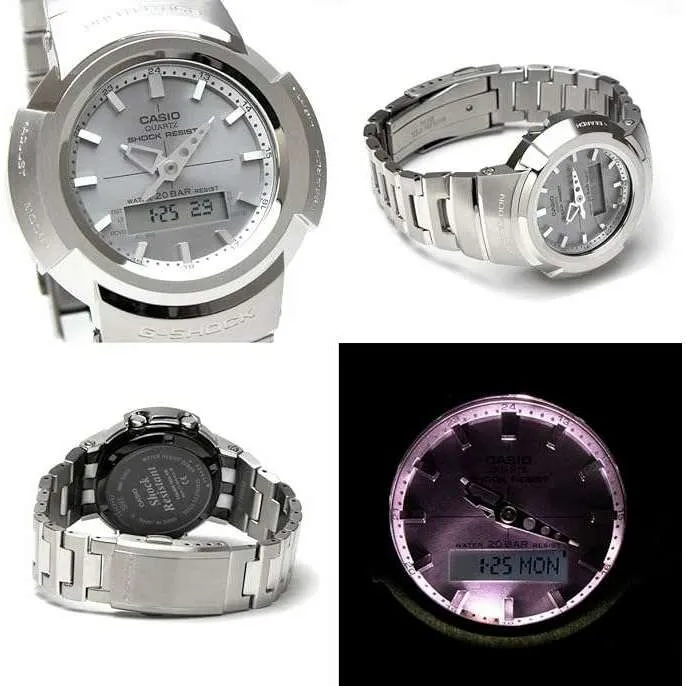 CASIO G-SHOCK RADIO SOLAR FULL METAL ANALOG DIGITAL SILVER MEN WATCH AWM-500D-1A8