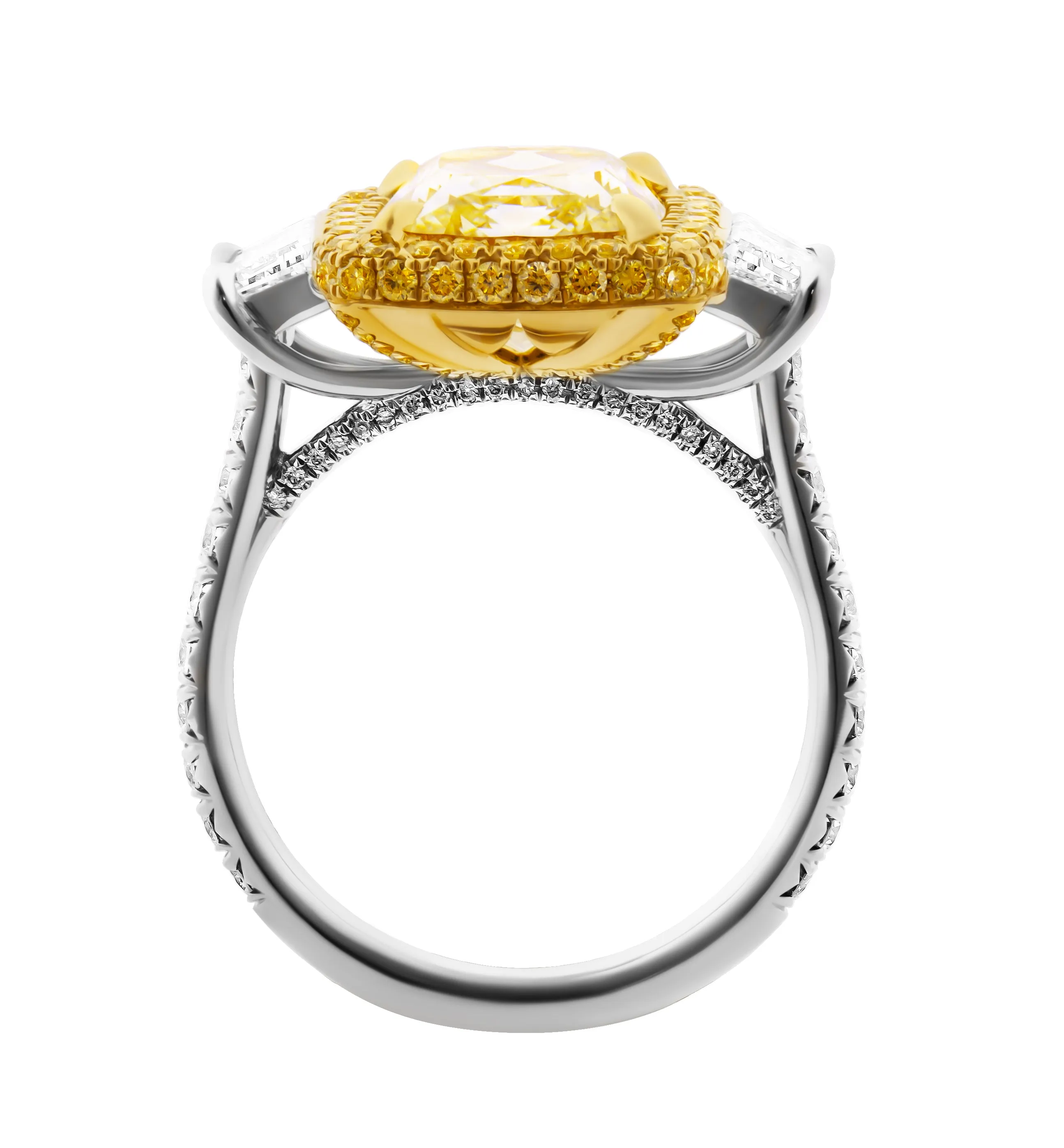 Certified 3 Stone Ring with 4.14ct Fancy Light Yellow Diamond VVS2