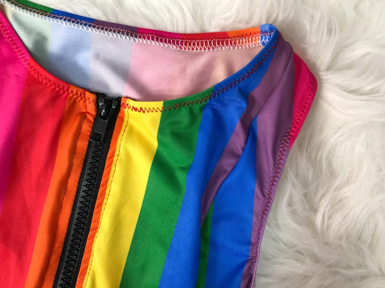 Conservative Zipper Split Swimsuit Two-piece Rainbow Stripes trendy