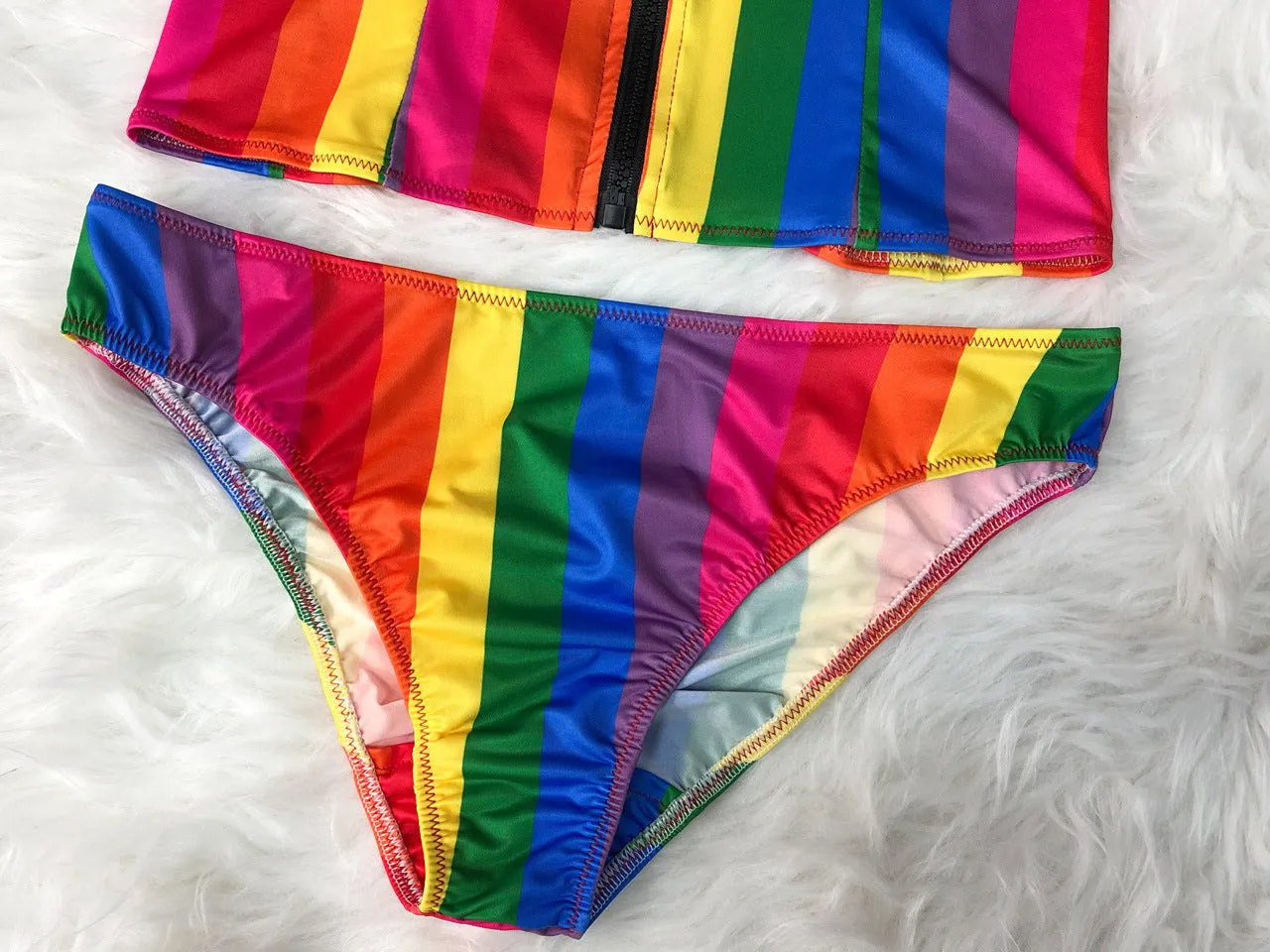 Conservative Zipper Split Swimsuit Two-piece Rainbow Stripes trendy