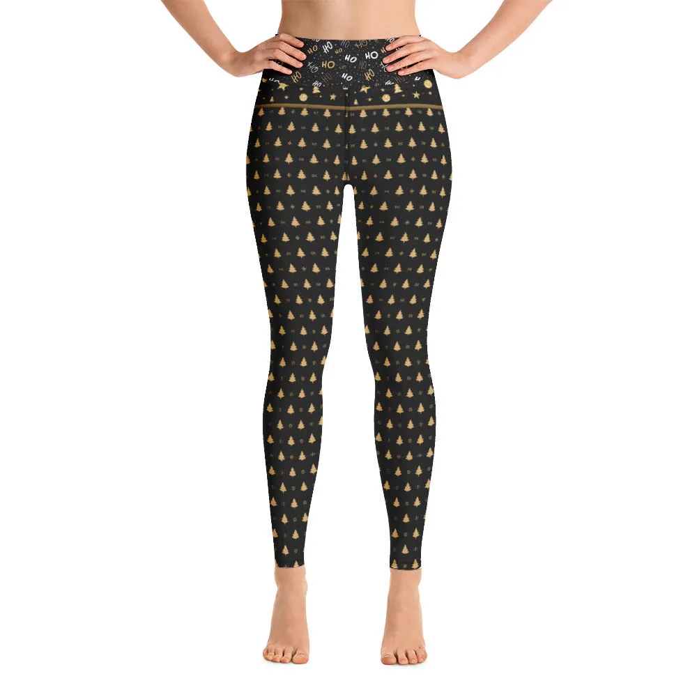 Crazy-Ass Leggings - Black and Gold Christmas Trees Ho Ho Ho - Yoga Leggings