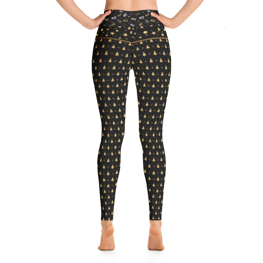 Crazy-Ass Leggings - Black and Gold Christmas Trees Ho Ho Ho - Yoga Leggings