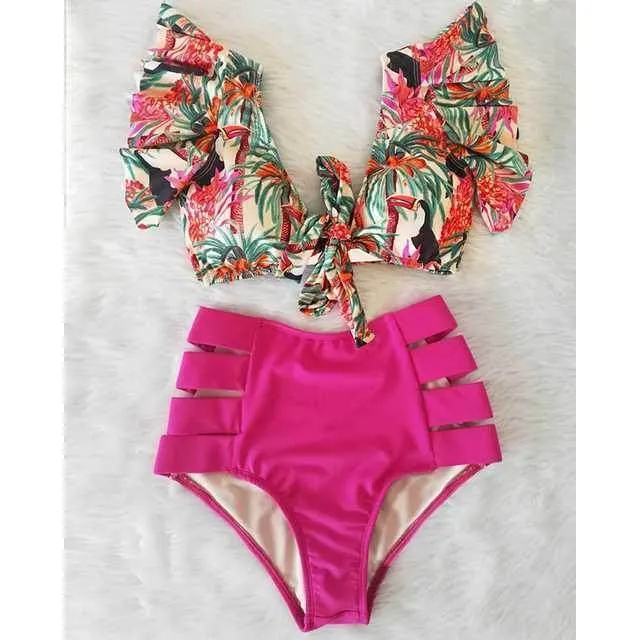 Cross-BorderRuffle Bikini Hih Waist Swimwear Women Swimsuit fashion