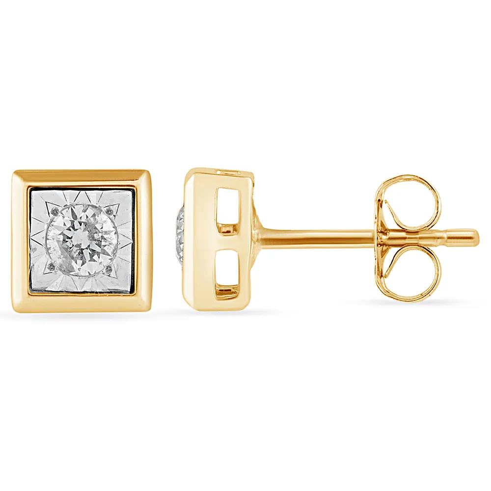 Cushion Shape Stud Earrings with 1/5ct of Diamonds in 9ct Yellow Gold