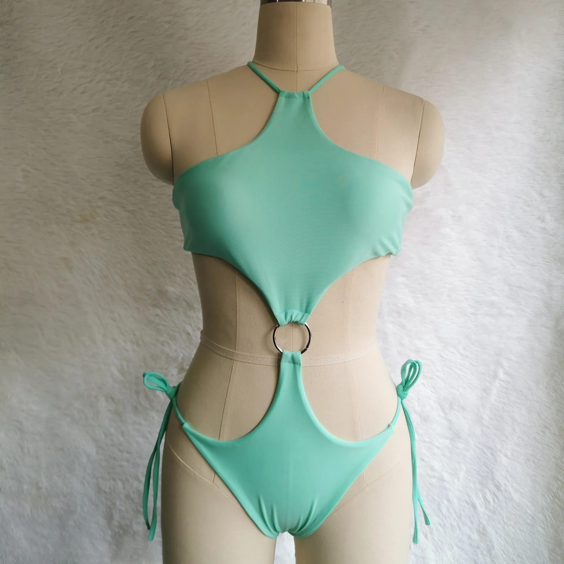 Double Ring Solid Color Foreign Trade One-piece Swimsuit fashion