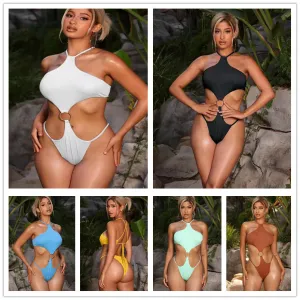 Double Ring Solid Color Foreign Trade One-piece Swimsuit fashion
