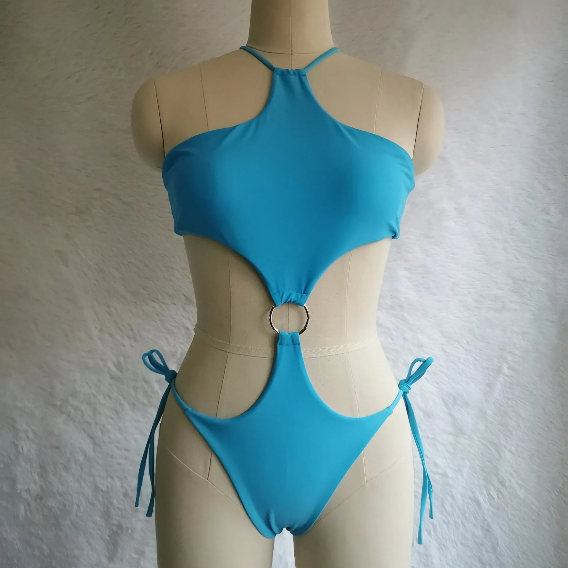 Double Ring Solid Color Foreign Trade One-piece Swimsuit fashion