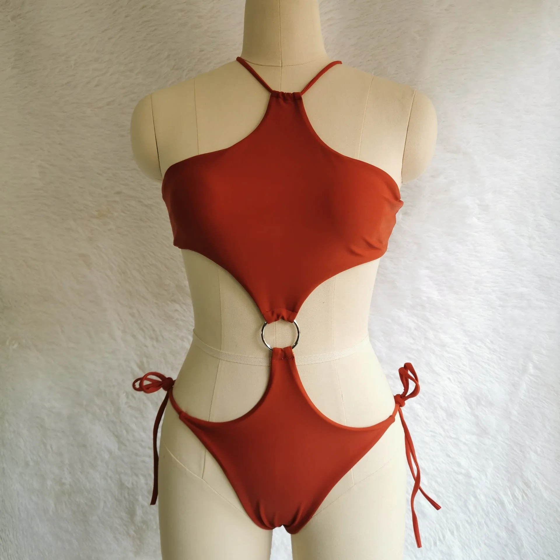 Double Ring Solid Color Foreign Trade One-piece Swimsuit fashion
