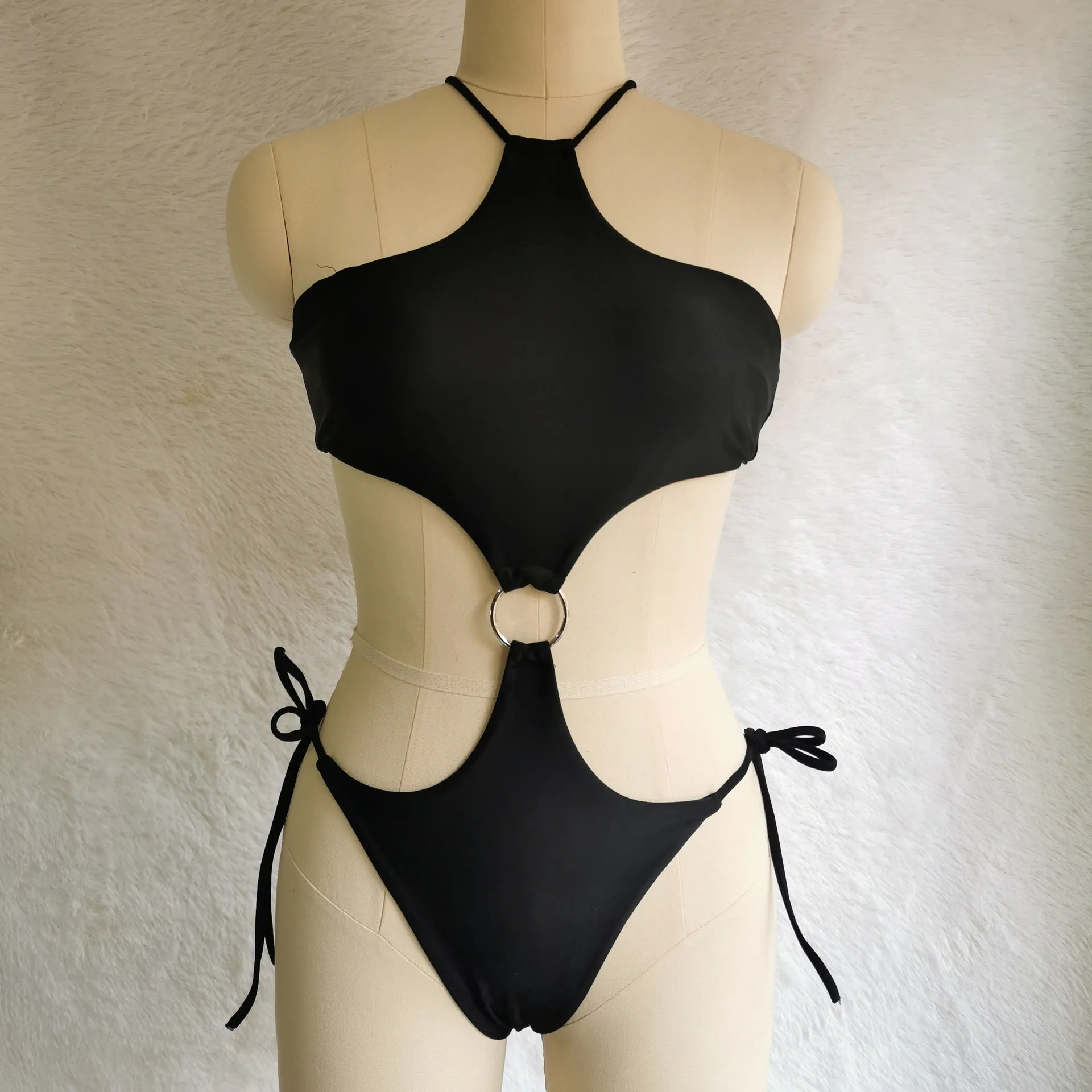 Double Ring Solid Color Foreign Trade One-piece Swimsuit fashion