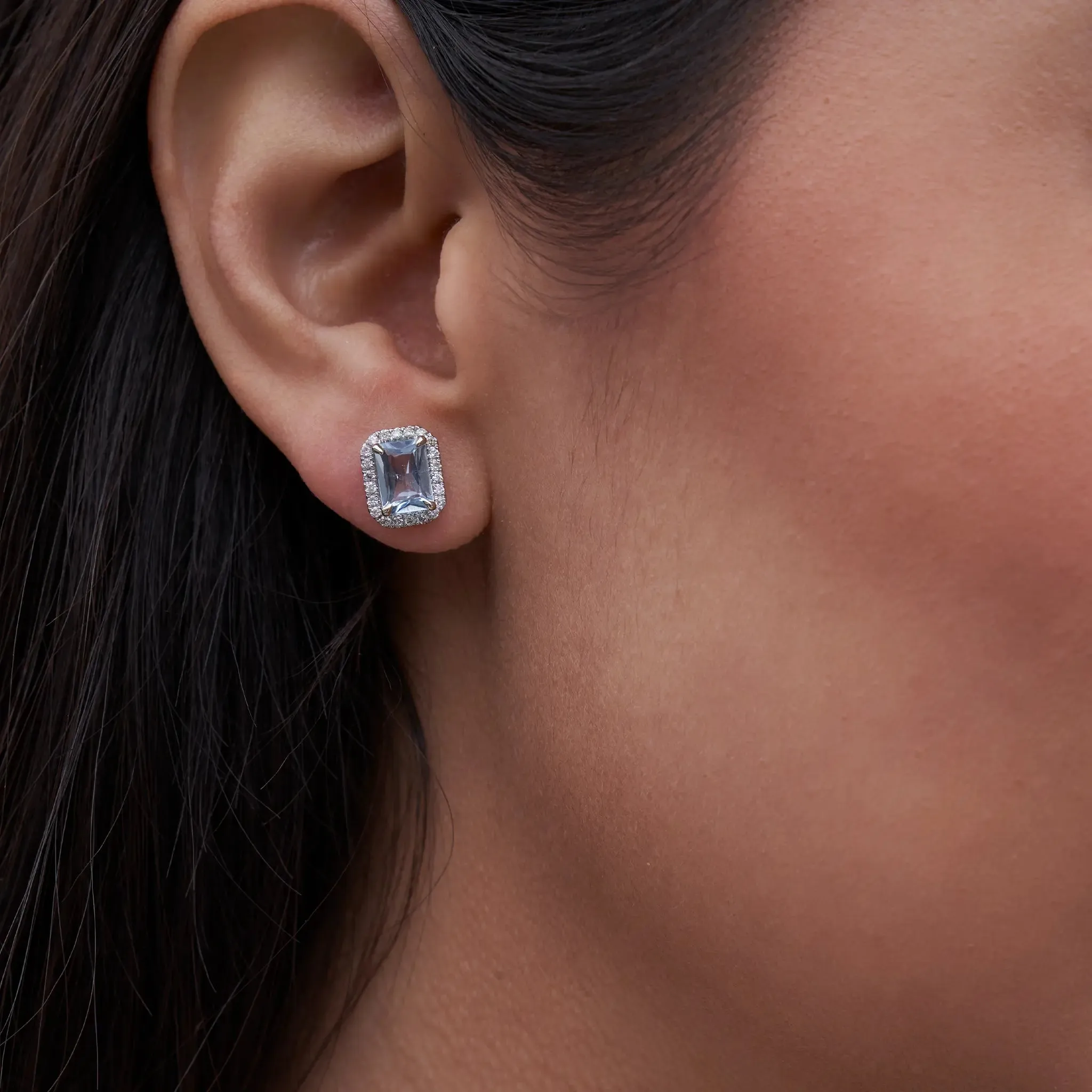 Emerald-Cut Aquamarine and Diamond Halo Stud Earrings