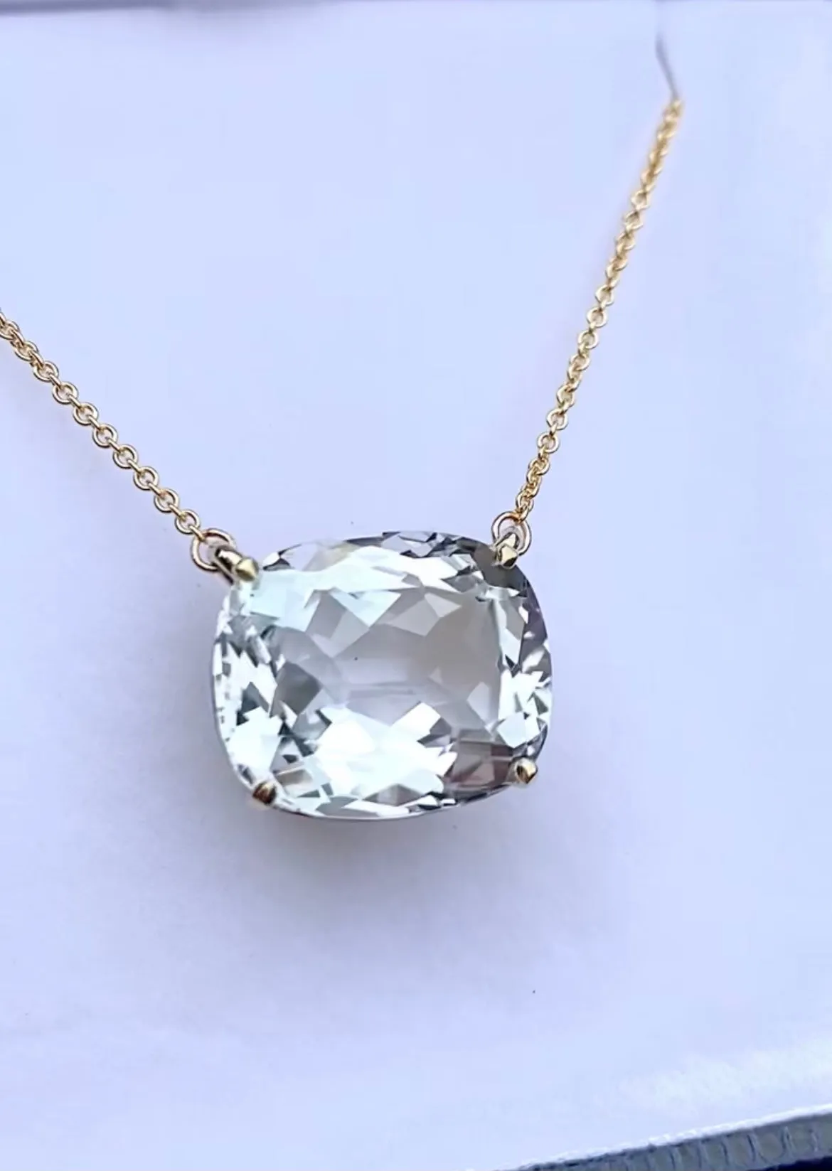Faint Blue Cushion Topaz Gold Necklace