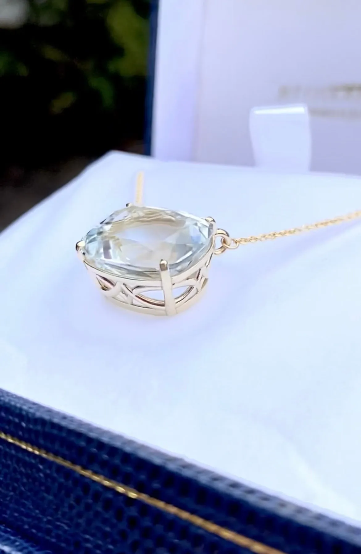 Faint Blue Cushion Topaz Gold Necklace