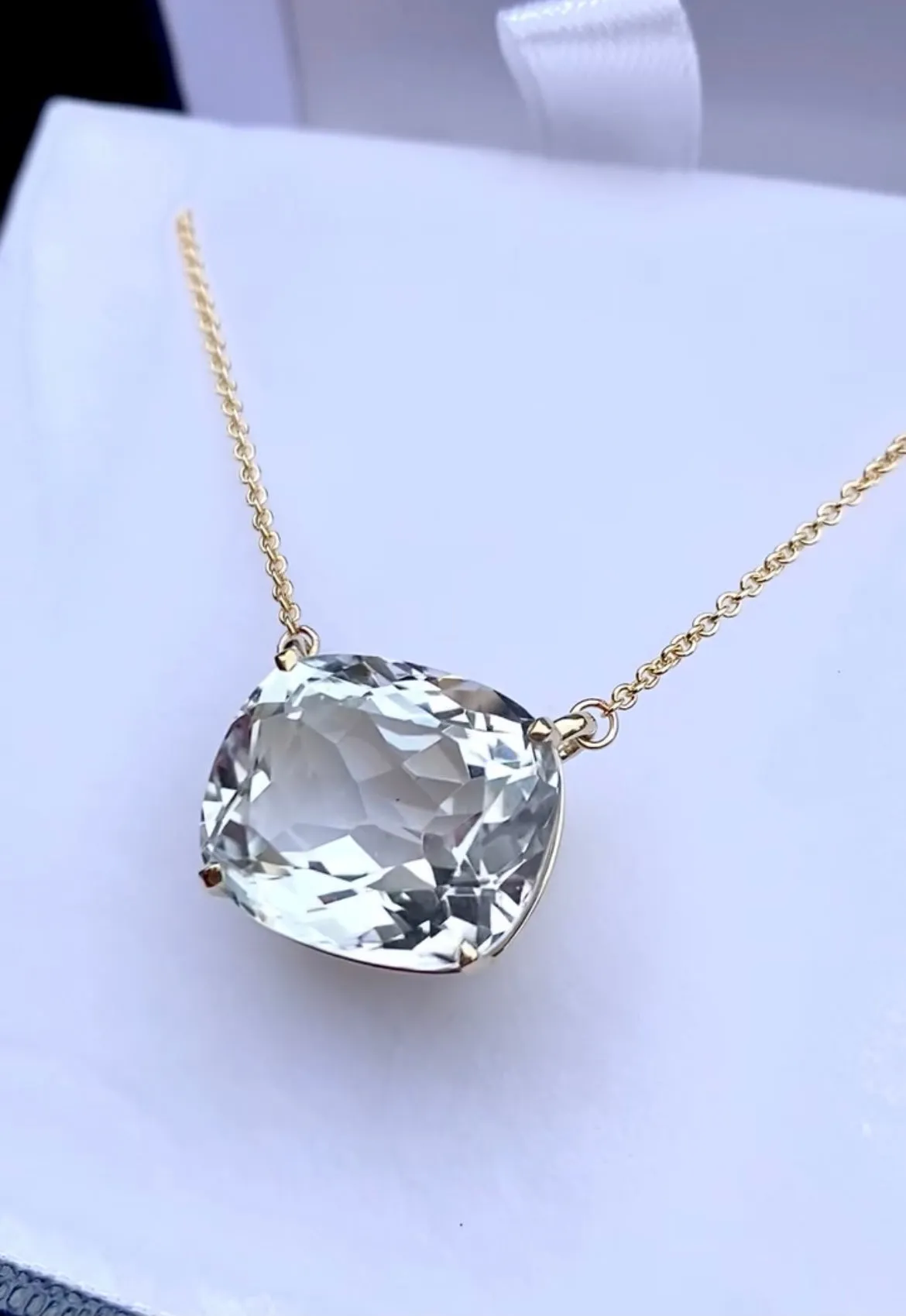 Faint Blue Cushion Topaz Gold Necklace