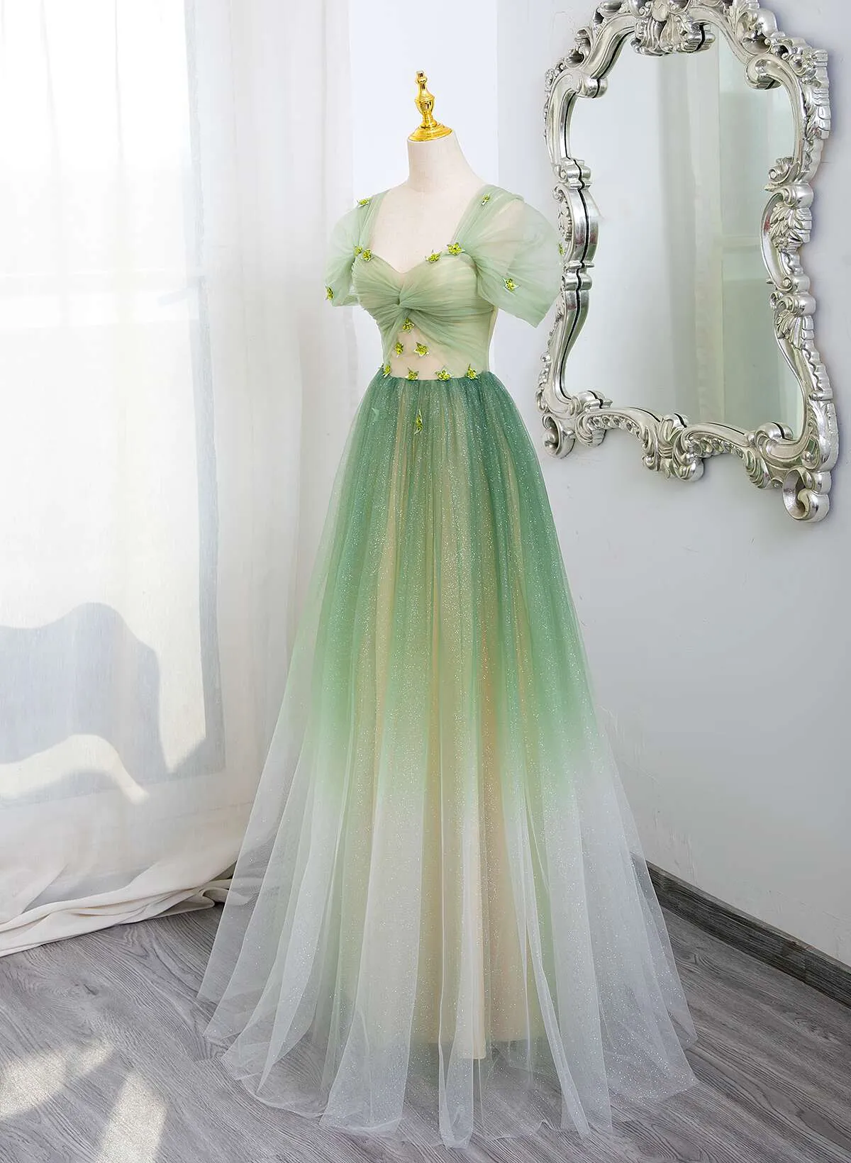 Green Tulle A-line Gradient Short Sleeves Prom Dress, Green Tulle Party Dress