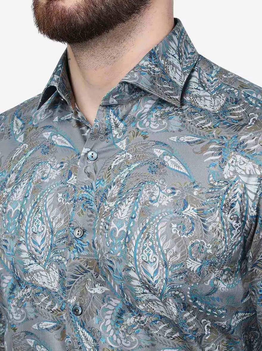 Grey Printed Slim Fit Party Wear Shirt | Wyre