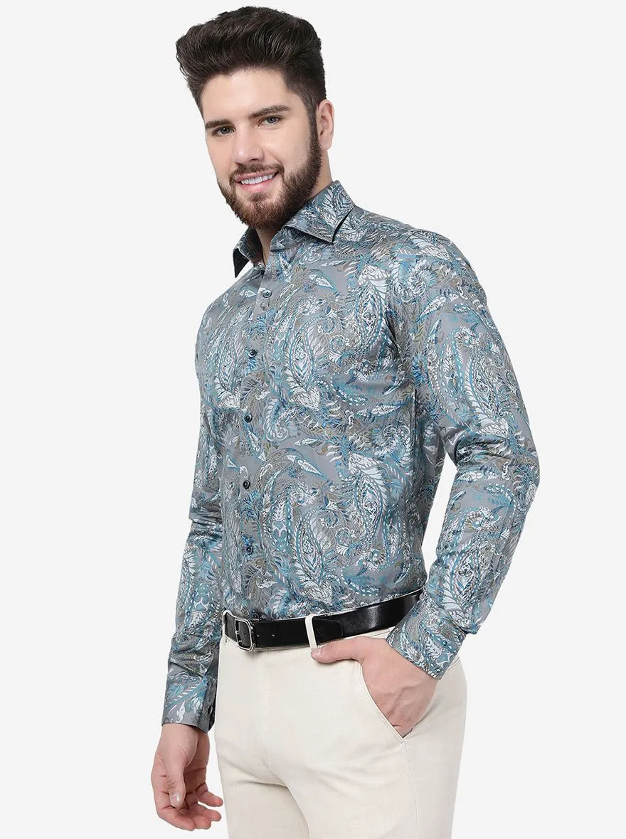 Grey Printed Slim Fit Party Wear Shirt | Wyre