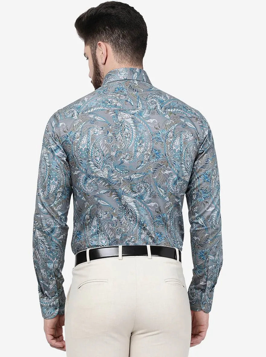 Grey Printed Slim Fit Party Wear Shirt | Wyre
