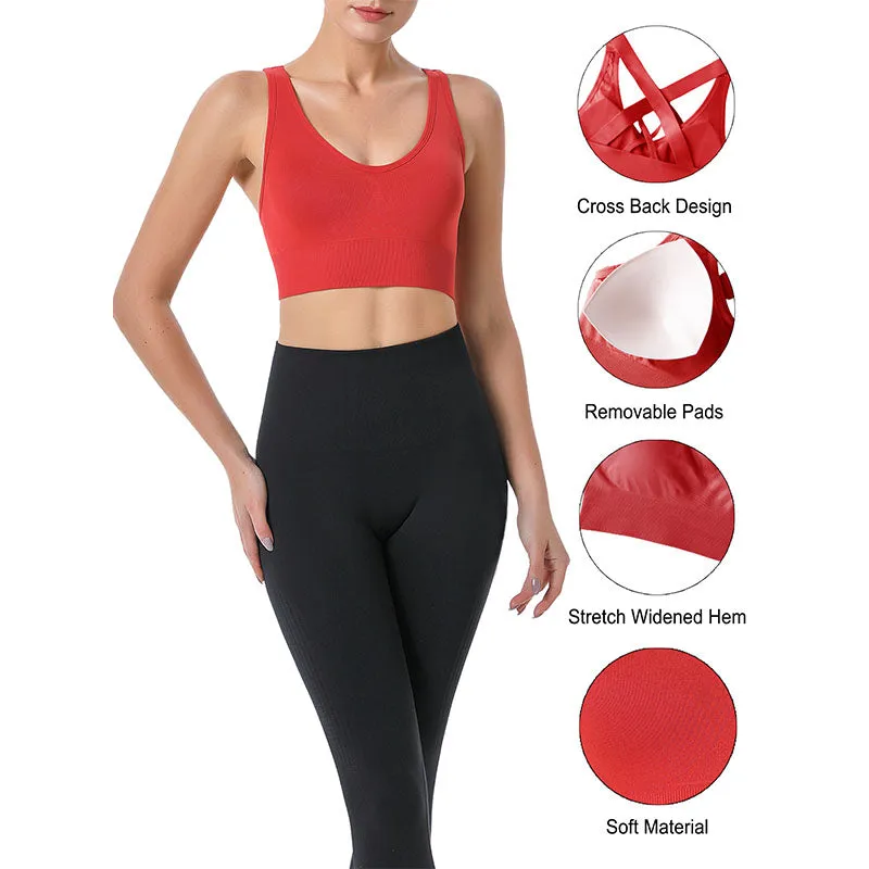 Hanerdun Sports Bras for Women Padded Sports Bra Seamless Cross Back Yoga Athletic Bras