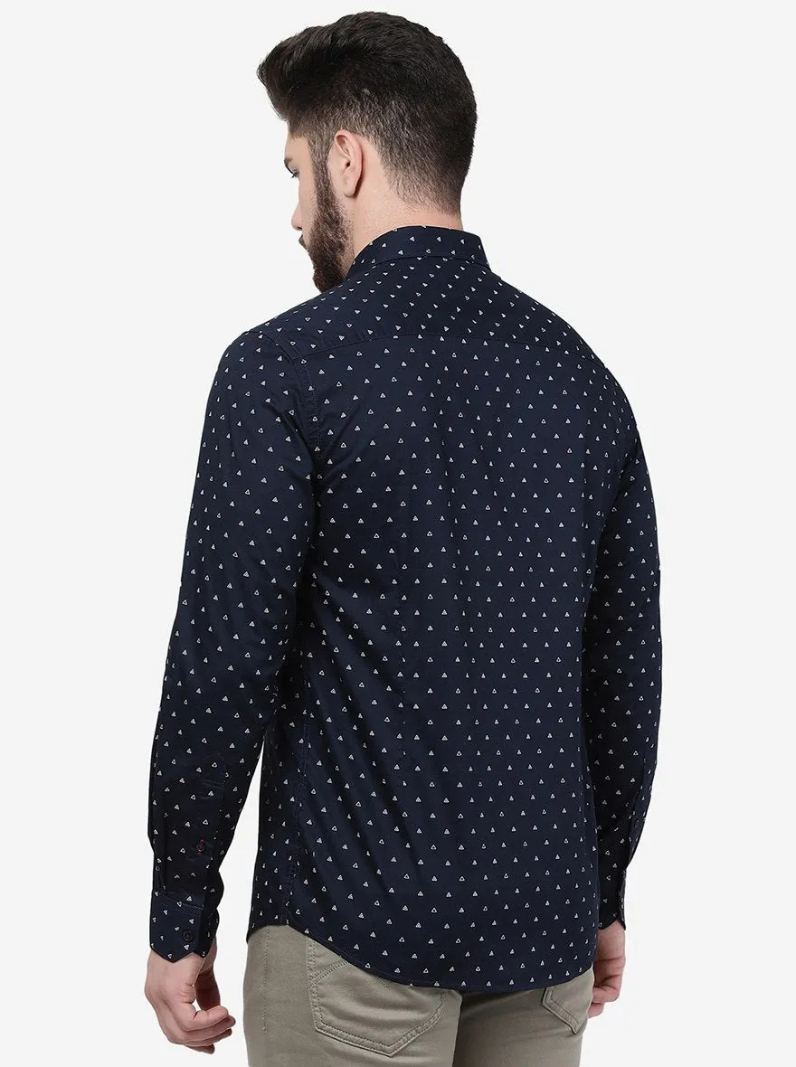 Navy Blue Printed Slim Fit Semi Casual Shirt | JadeBlue