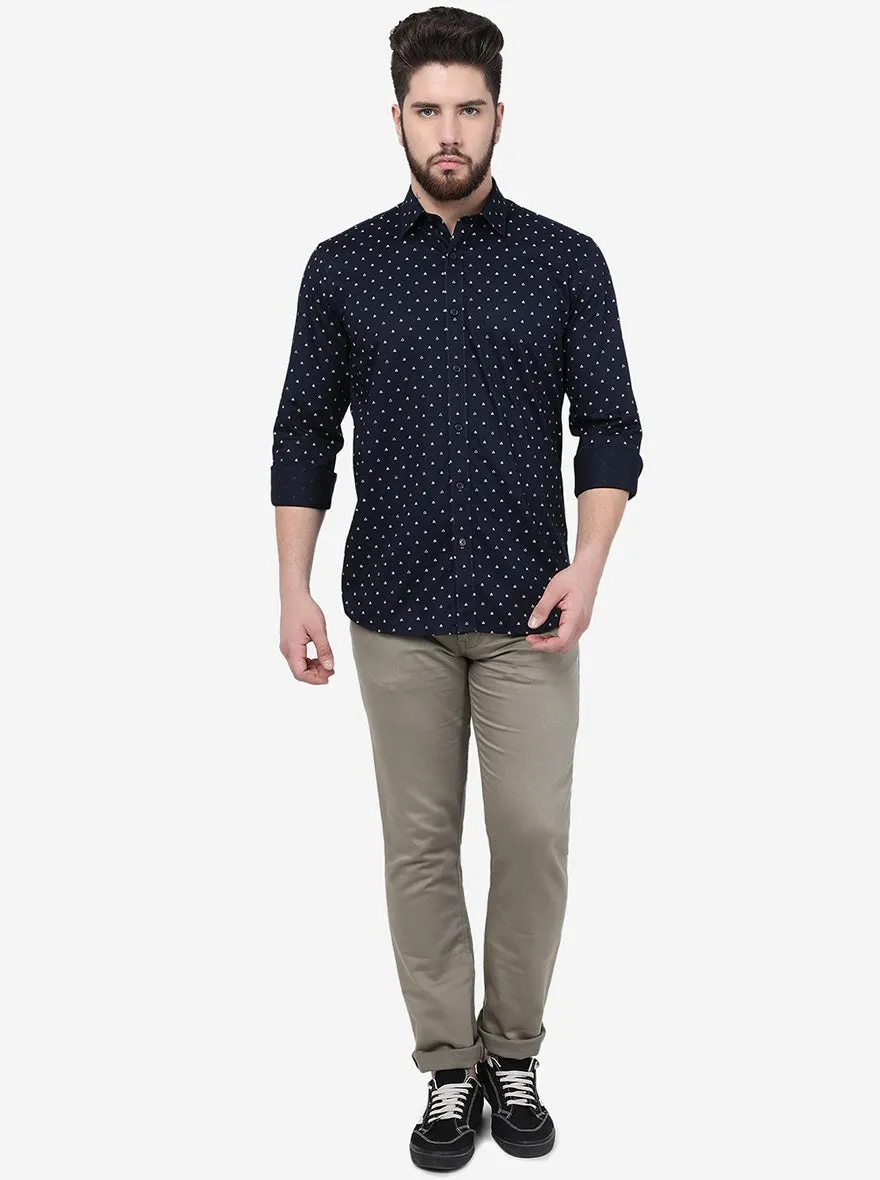 Navy Blue Printed Slim Fit Semi Casual Shirt | JadeBlue