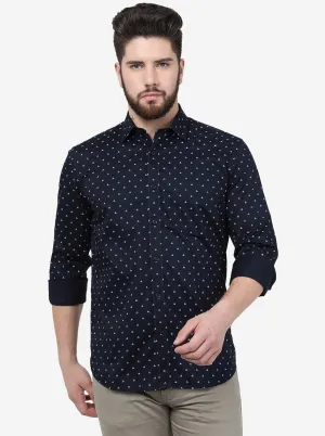 Navy Blue Printed Slim Fit Semi Casual Shirt | JadeBlue