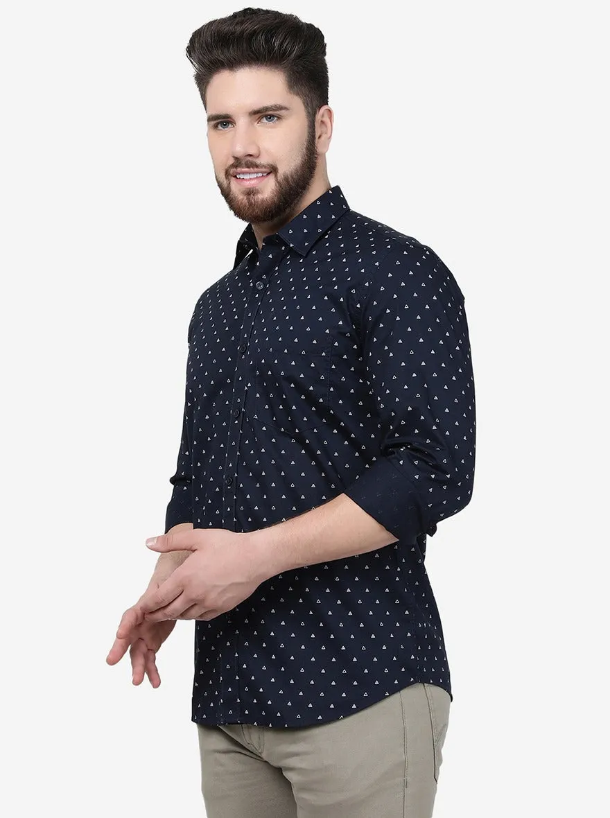 Navy Blue Printed Slim Fit Semi Casual Shirt | JadeBlue