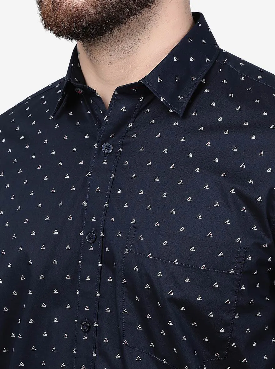 Navy Blue Printed Slim Fit Semi Casual Shirt | JadeBlue