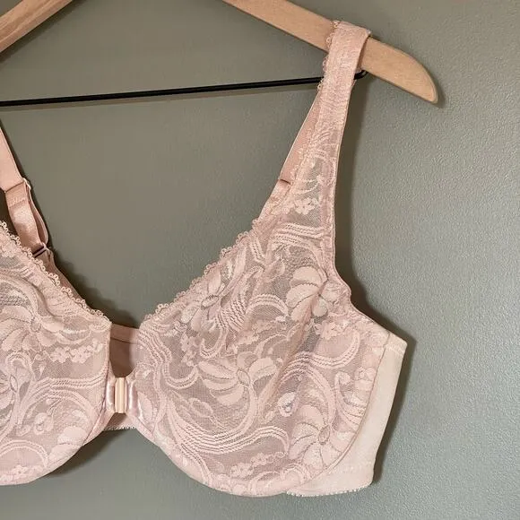 NWOT Glamorise WonderWire Front-Closure Stretch Lace Bra Size 40C Pink Nude Sexy