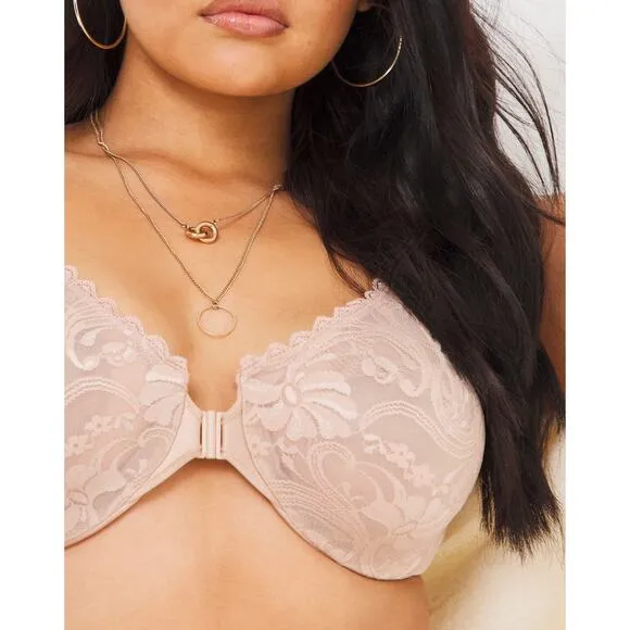 NWOT Glamorise WonderWire Front-Closure Stretch Lace Bra Size 40C Pink Nude Sexy