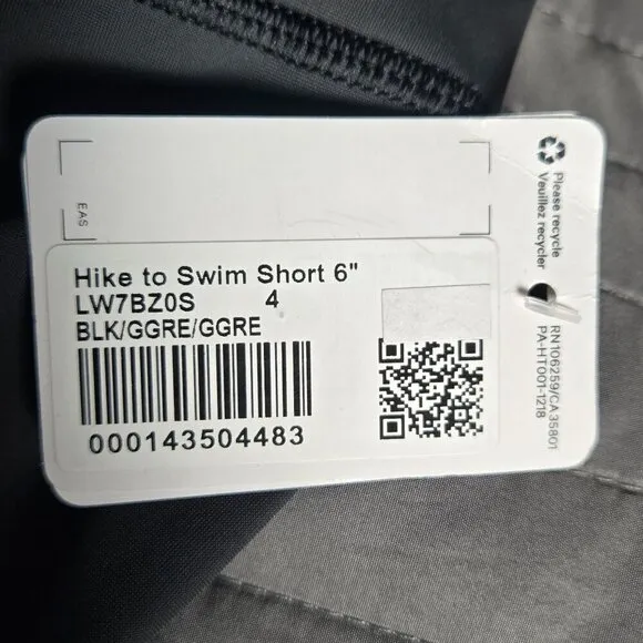 NWT Lululemon Hike to Swim Short 6&quot; - 4 Black / Graphite Grey