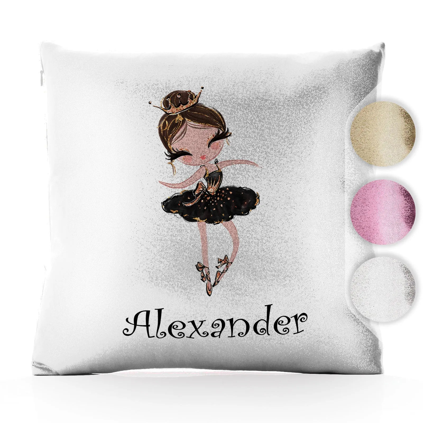 Personalised Glitter Cushion with Cute Text and Light Brown Hair Black Dress Tiara Ballerina