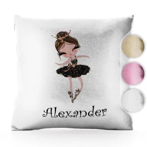 Personalised Glitter Cushion with Cute Text and Light Brown Hair Black Dress Tiara Ballerina