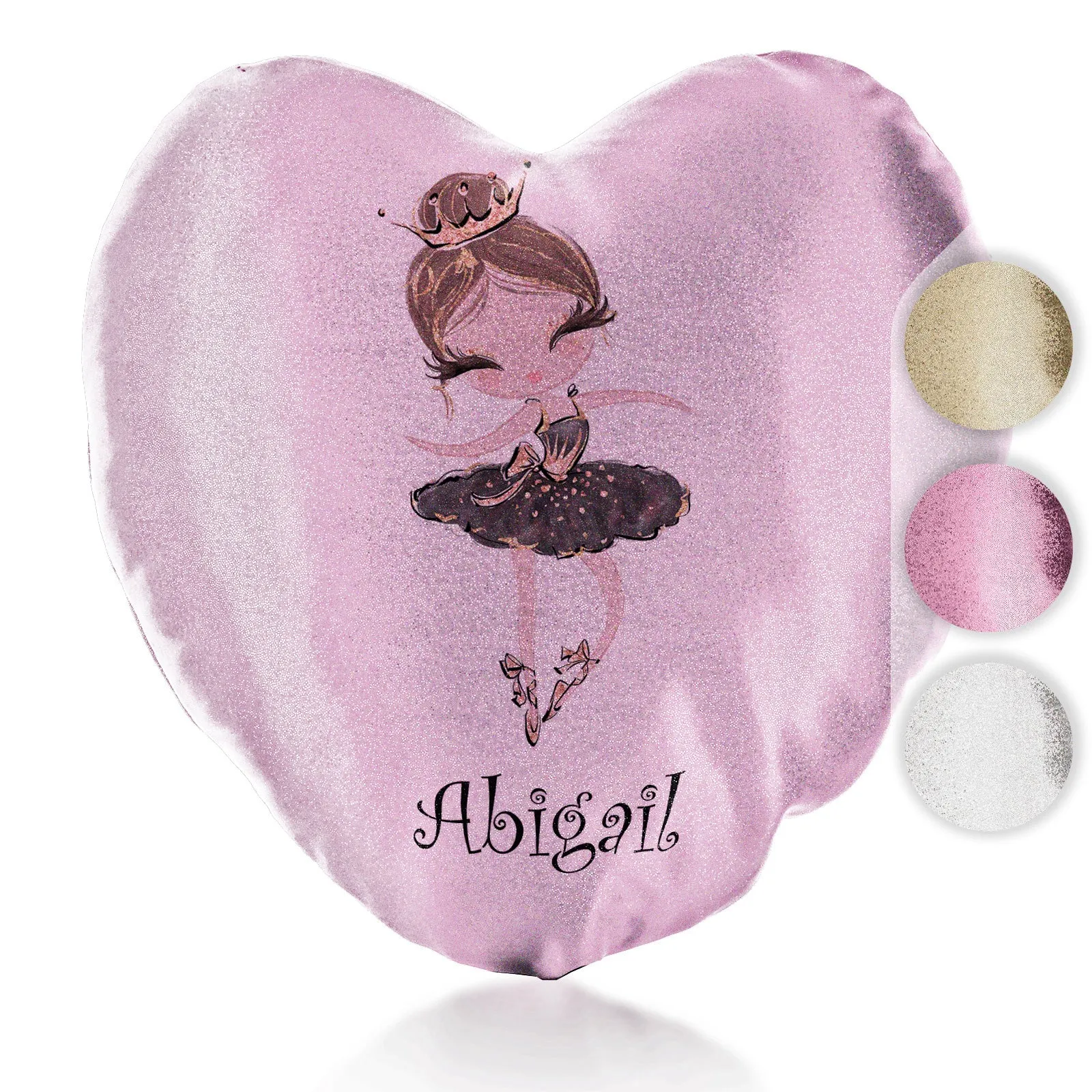 Personalised Glitter Heart Cushion with Cute Text and Light Brown Hair Black Dress Tiara Ballerina