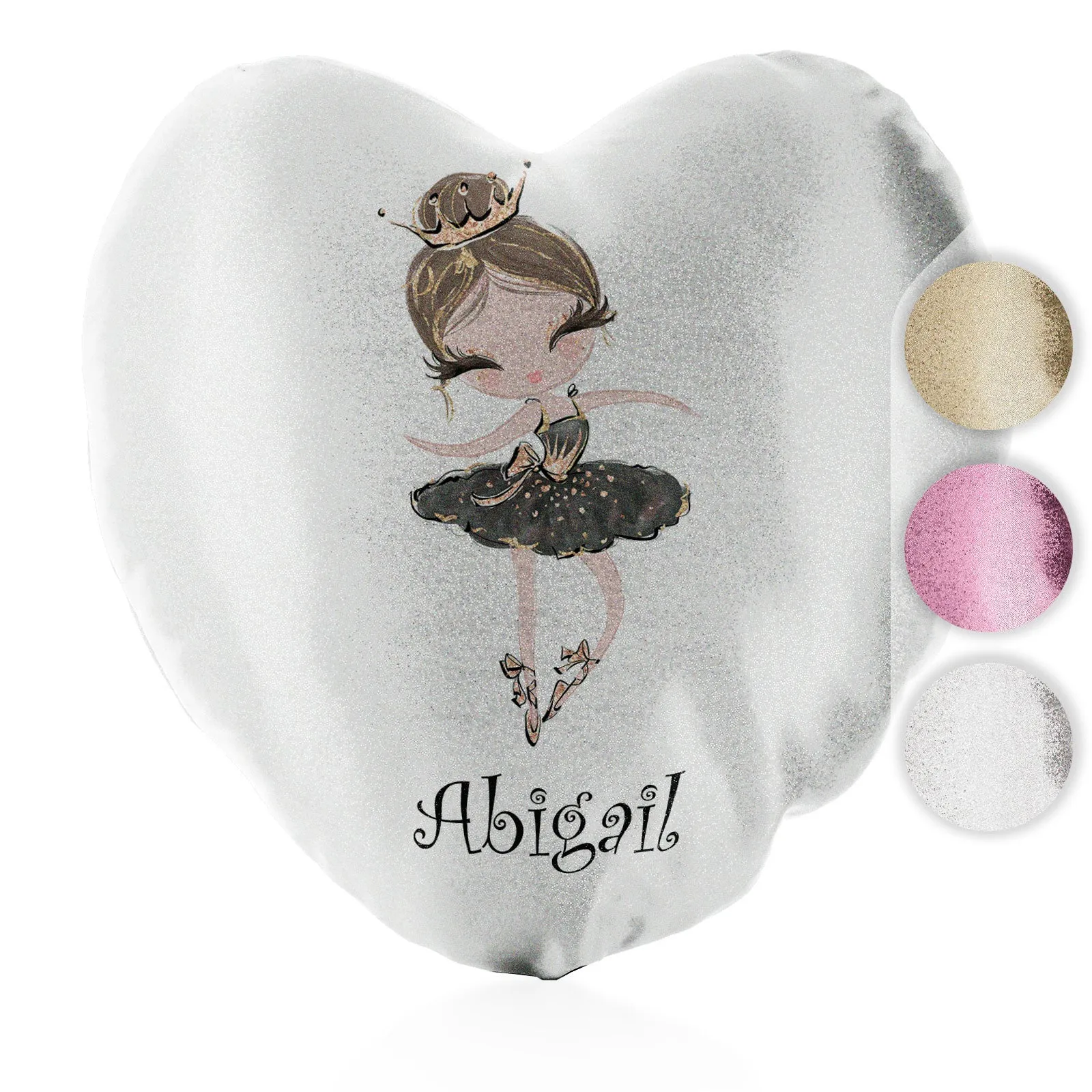 Personalised Glitter Heart Cushion with Cute Text and Light Brown Hair Black Dress Tiara Ballerina