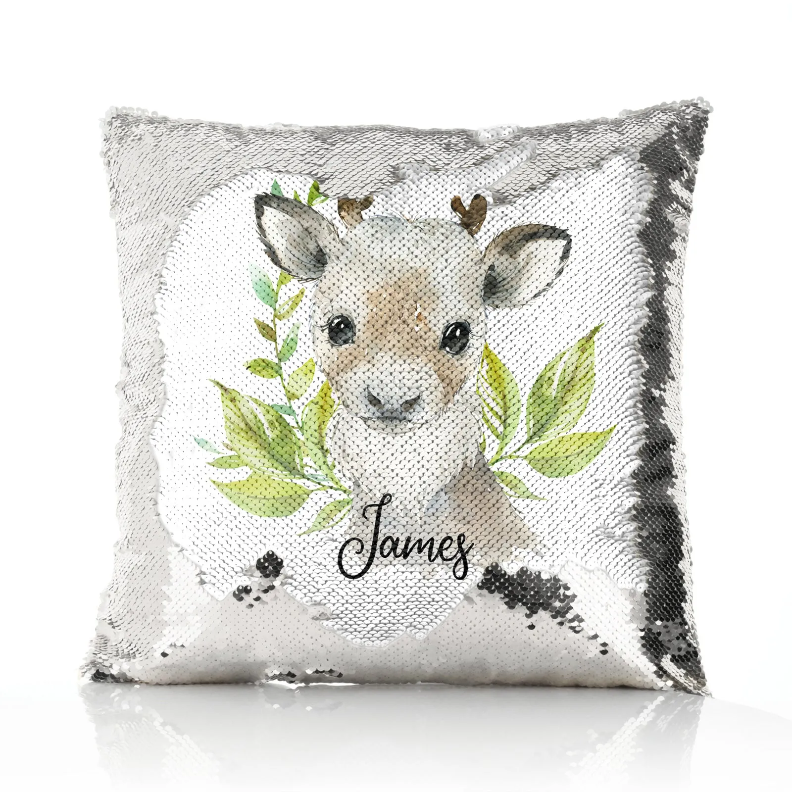 Personalised Sequin Cushion with Christmas Reindeer Deer Green Leaves and Cute Text