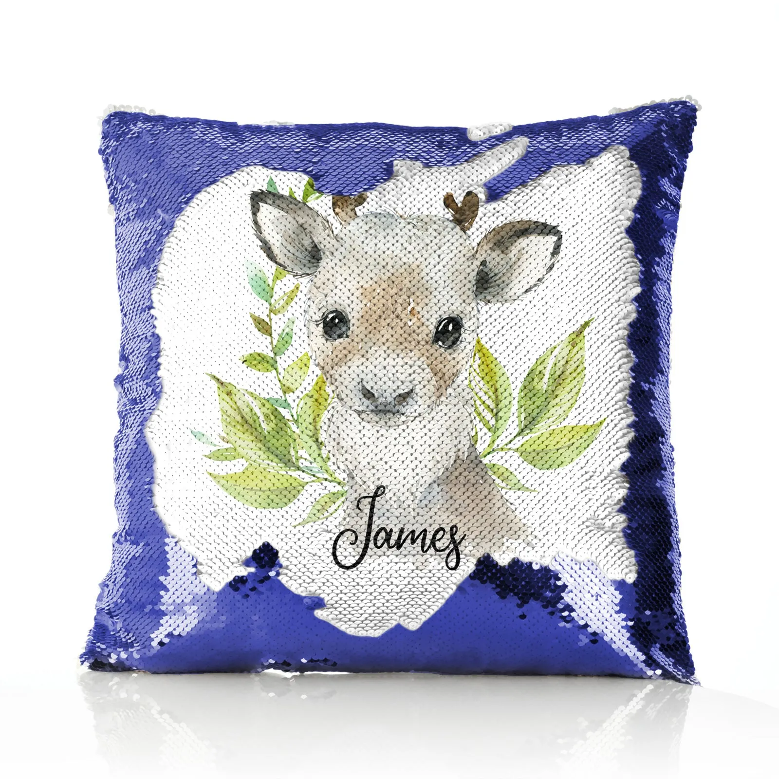 Personalised Sequin Cushion with Christmas Reindeer Deer Green Leaves and Cute Text