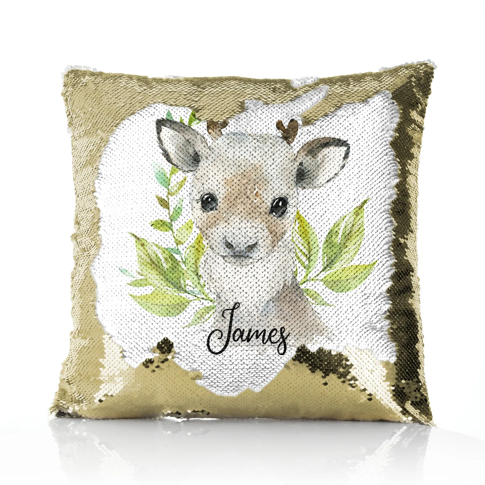 Personalised Sequin Cushion with Christmas Reindeer Deer Green Leaves and Cute Text