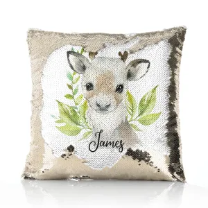 Personalised Sequin Cushion with Christmas Reindeer Deer Green Leaves and Cute Text