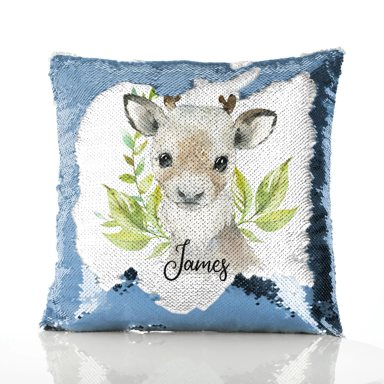 Personalised Sequin Cushion with Christmas Reindeer Deer Green Leaves and Cute Text
