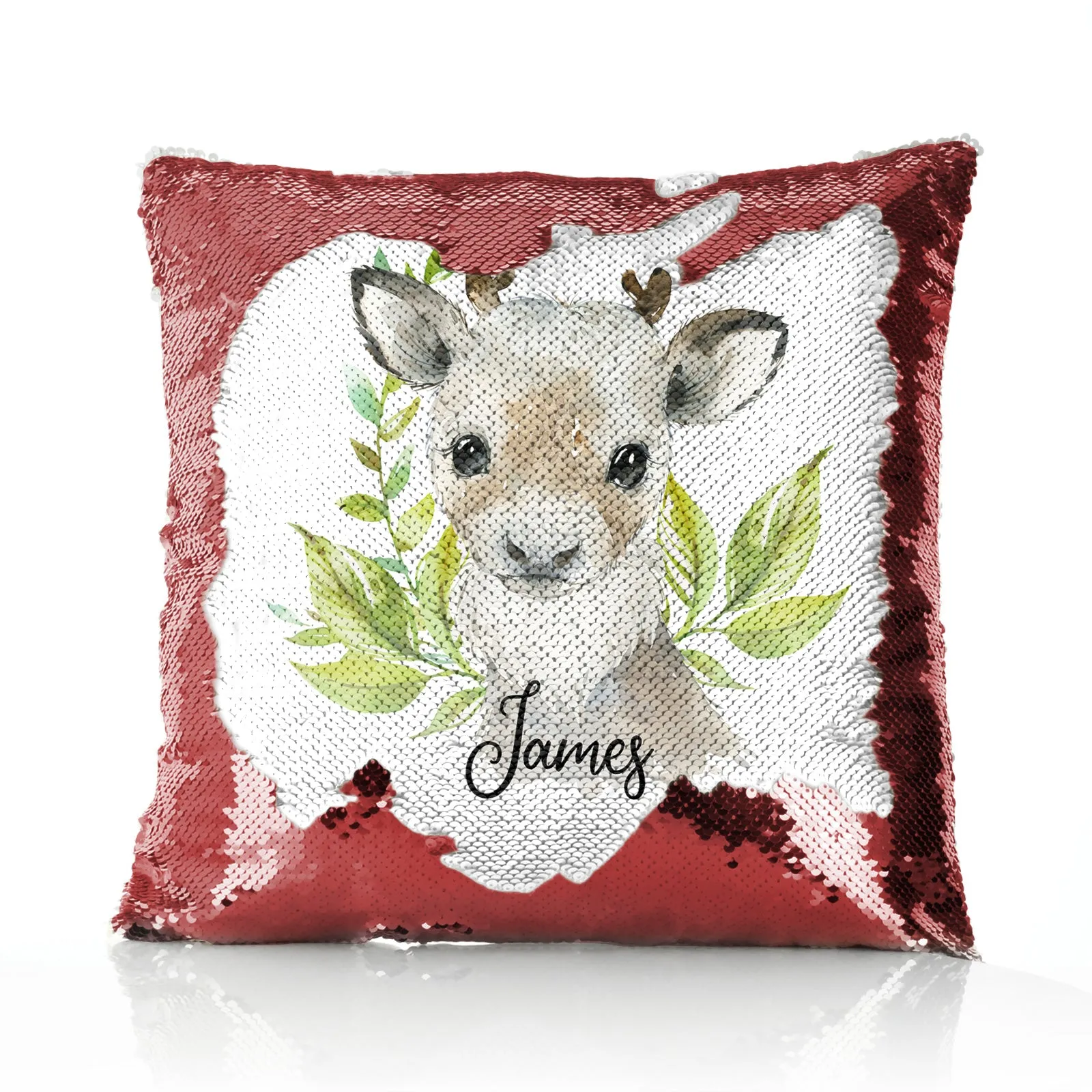 Personalised Sequin Cushion with Christmas Reindeer Deer Green Leaves and Cute Text