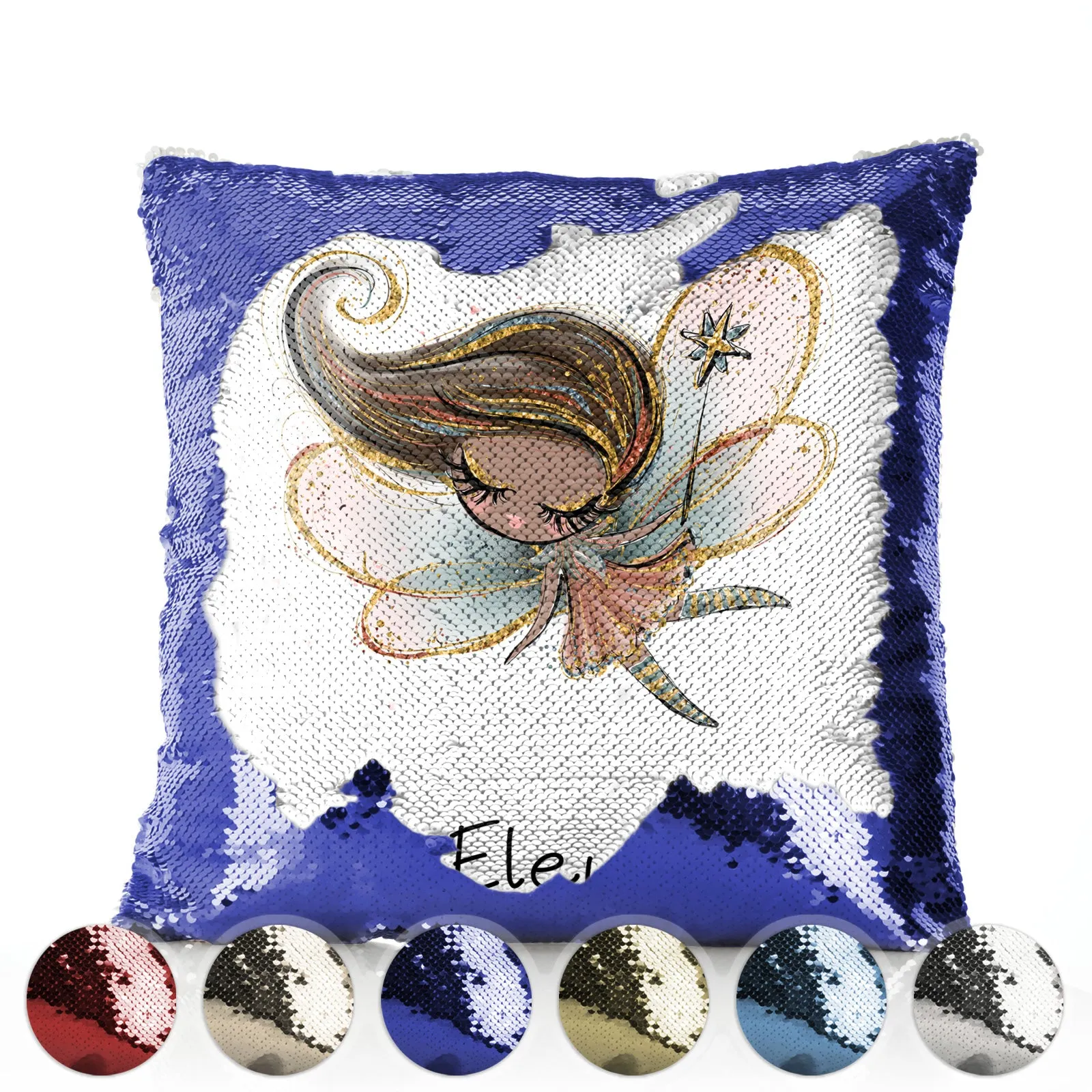 Personalised Sequin Cushion with Cute Text and Butterfly Flower Pink Dress Fairy