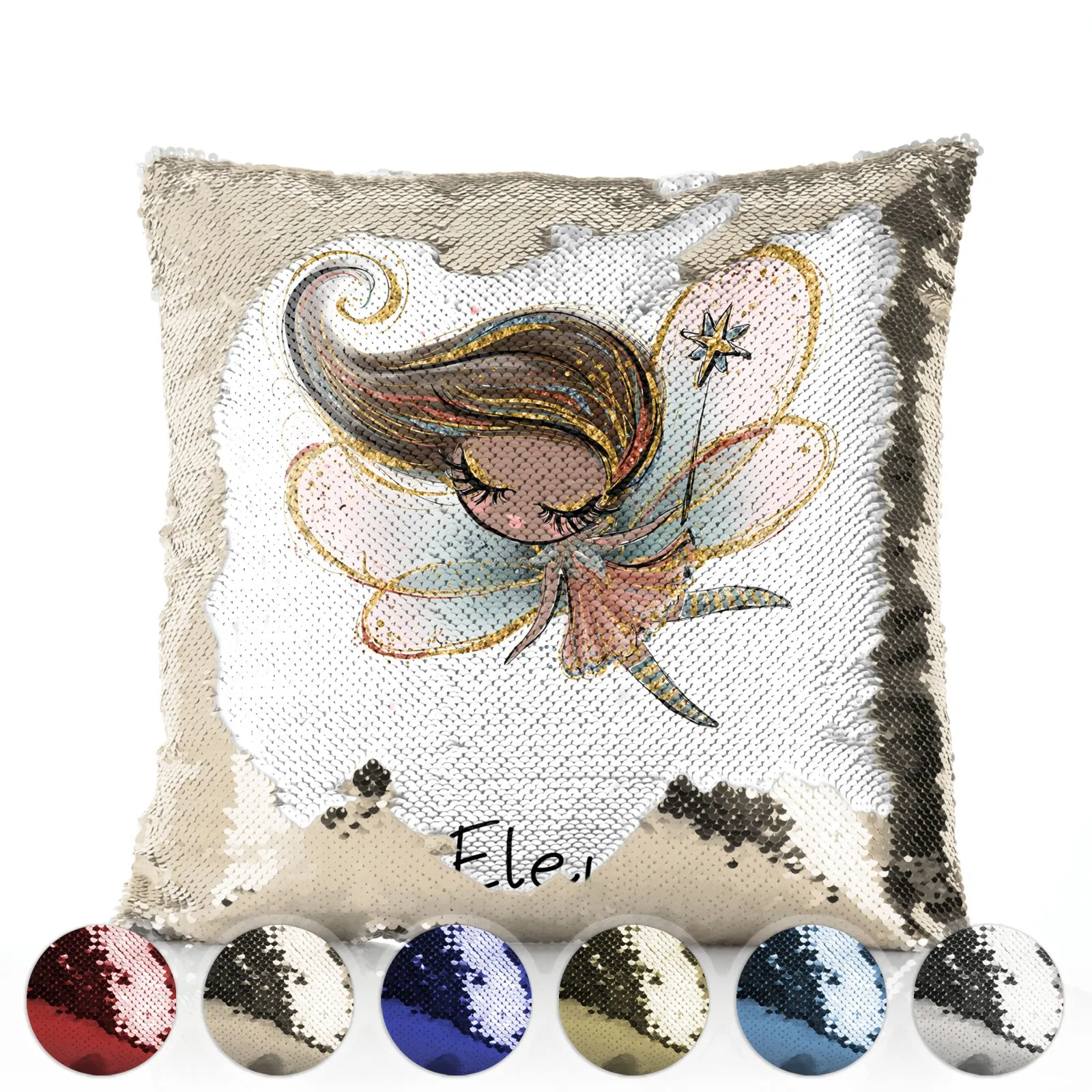 Personalised Sequin Cushion with Cute Text and Butterfly Flower Pink Dress Fairy
